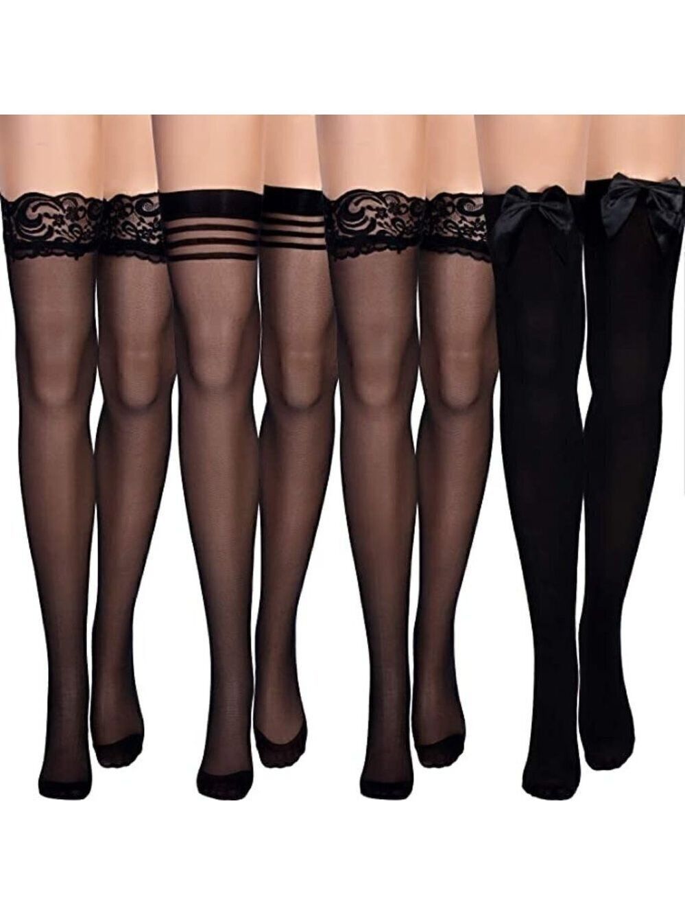 𝅺SILK Thigh High Stockings Women Lace Silicone Socks Satin Bow Top Sexy NWT